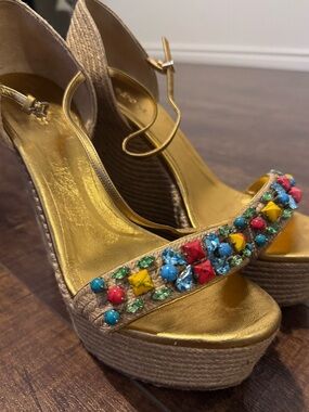 Gucci Wedge Sandals with Multicolor Gem Embellishment Gold